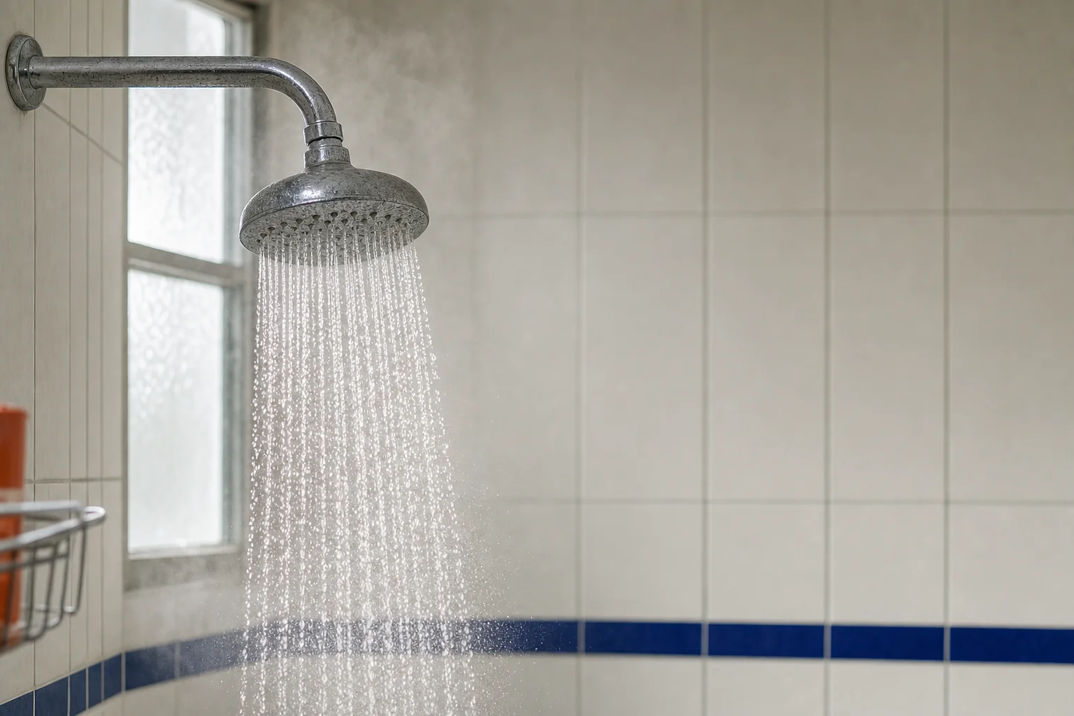 Regadera abierta con chorro parejo de agua sobre azulejo claro, vista lateral a contraluz suave