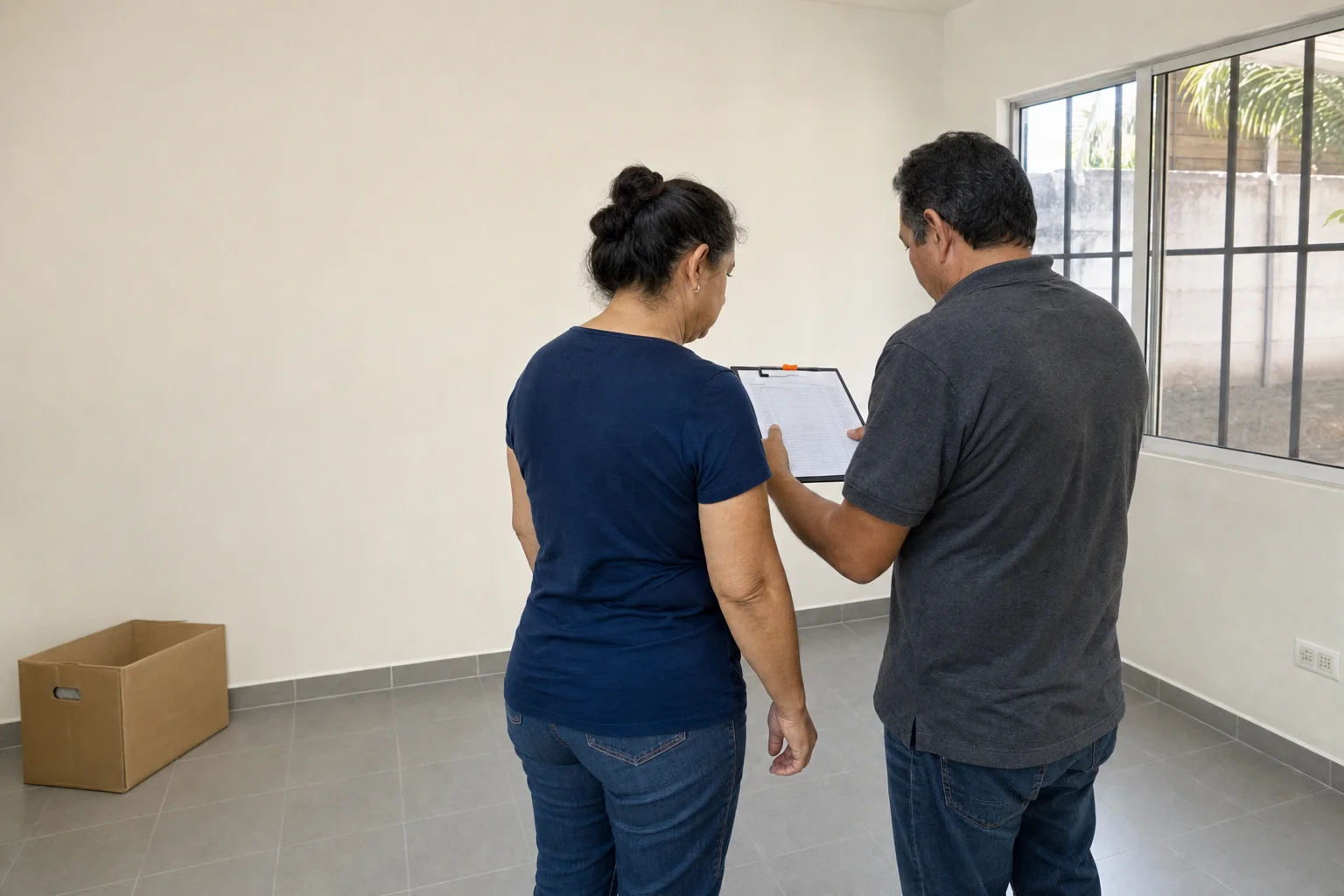 Dos personas revisando juntas un inventario impreso en la sala vacía de una vivienda en renta