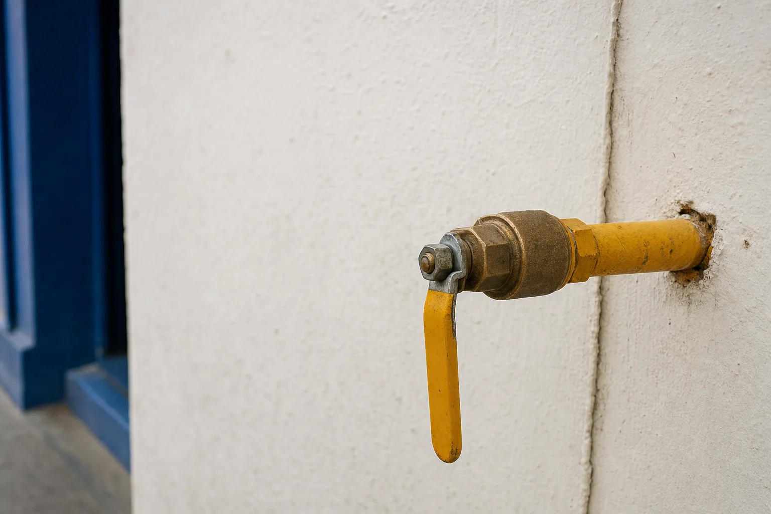 Válvula de paso de gas con manija amarilla montada en el muro de un patio, a la vista y al alcance de la mano