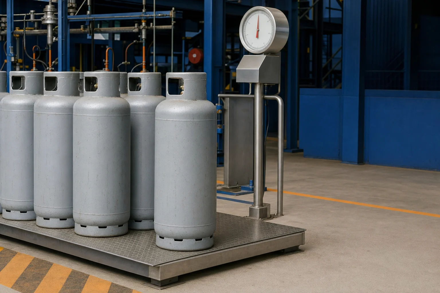 Báscula industrial calibrada pesando cilindros de gas en una planta de carga antes de salir a ruta