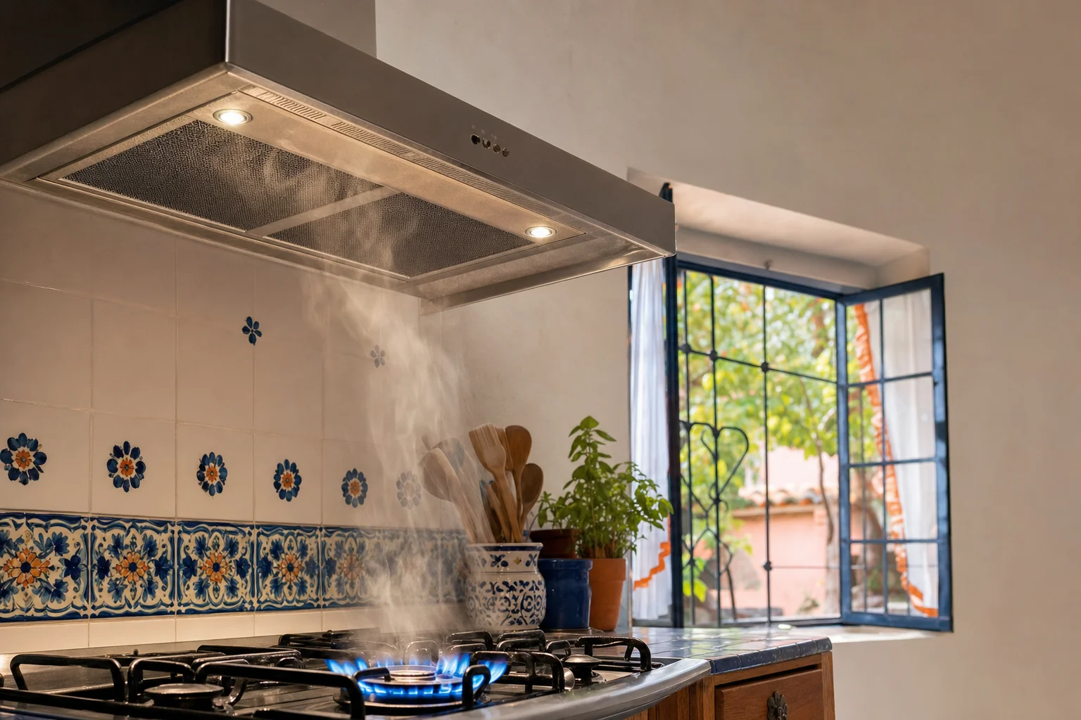 Campana extractora encendida sobre estufa de gas y ventana abierta que permite entrada de aire fresco a la cocina
