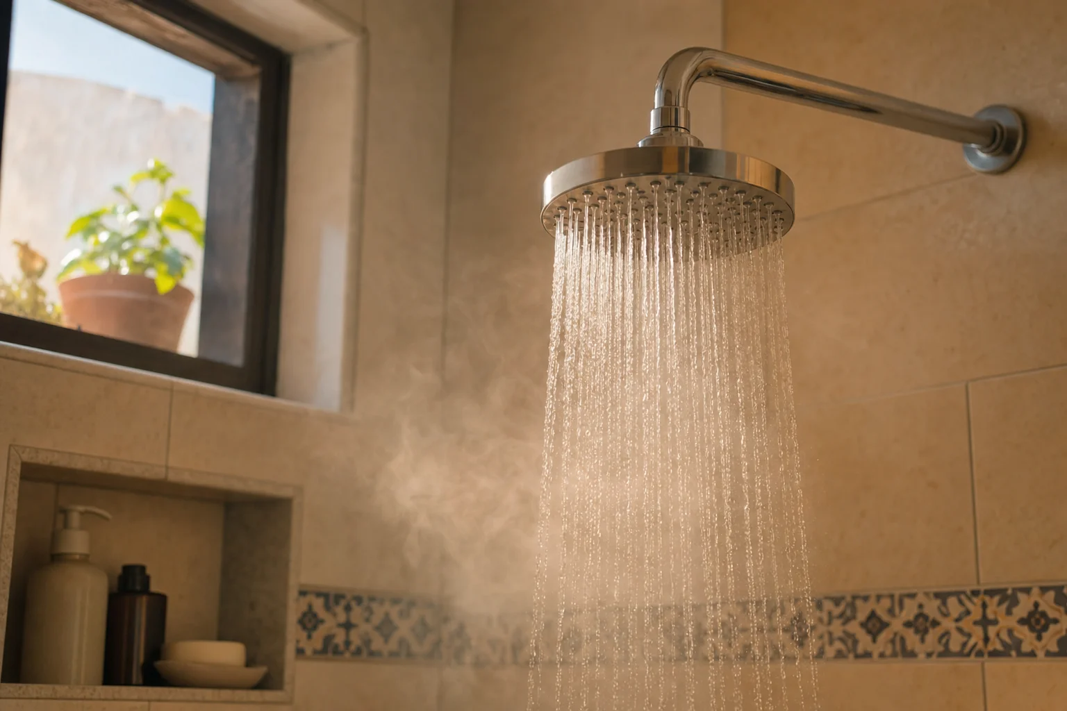 Regadera ahorradora dejando salir agua caliente con vapor en un ba&ntilde;o