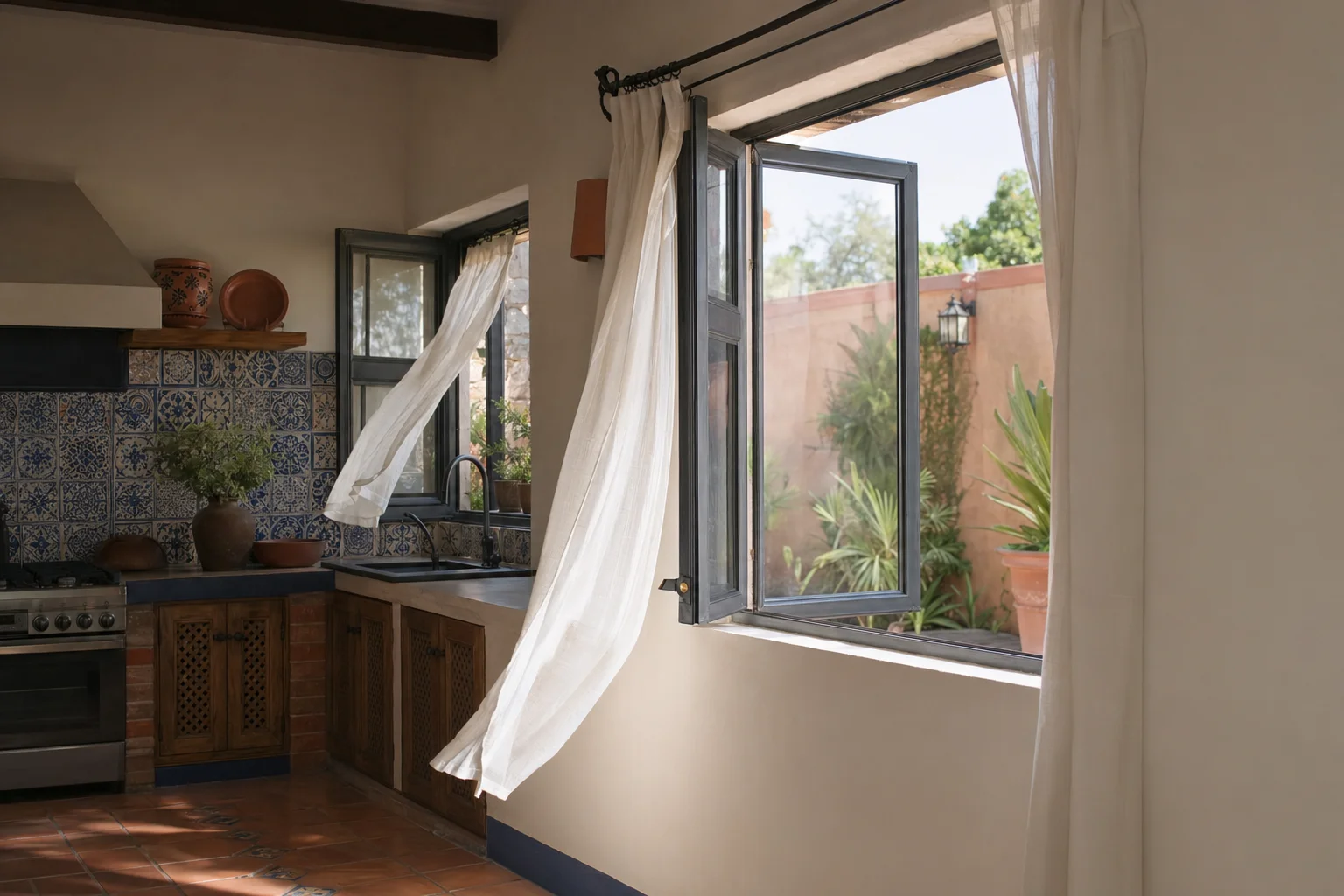 Mano abriendo una ventana de cocina para crear ventilaci&oacute;n cruzada