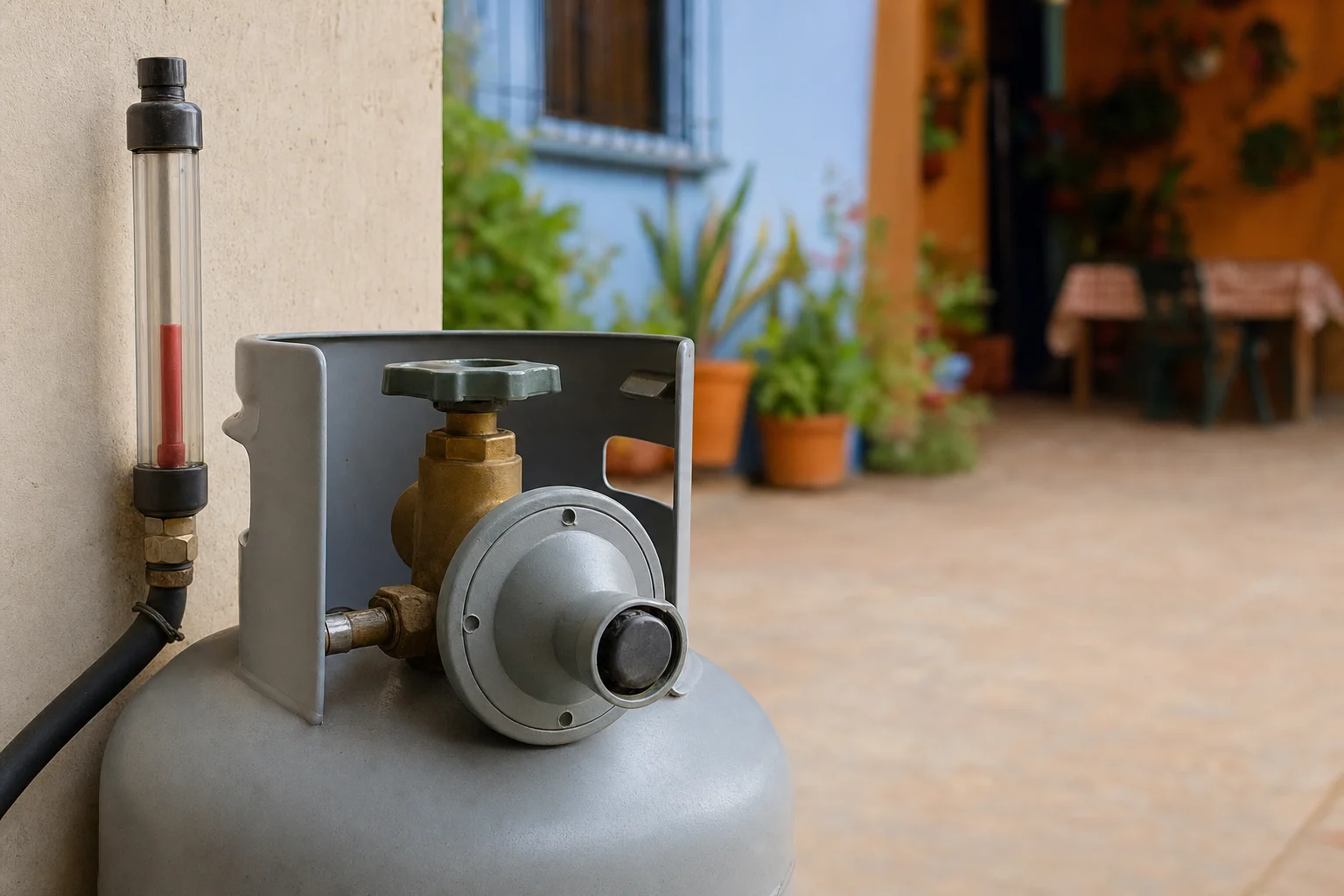 Instalaci&oacute;n de tanque estacionario de gas LP con medidor de nivel en el patio de una casa